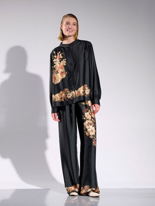 Matis Fashion Women's Satin Monochrome Long Sleeve Shirt Black
