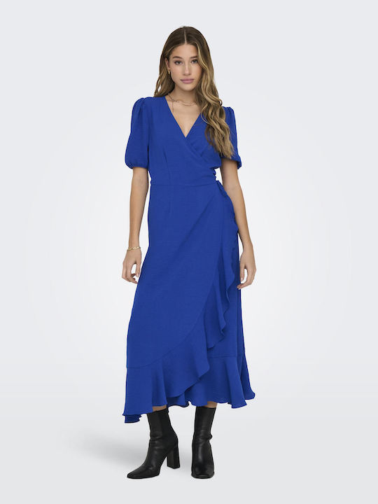 Only Midi Dress Wrap with Ruffle Blue