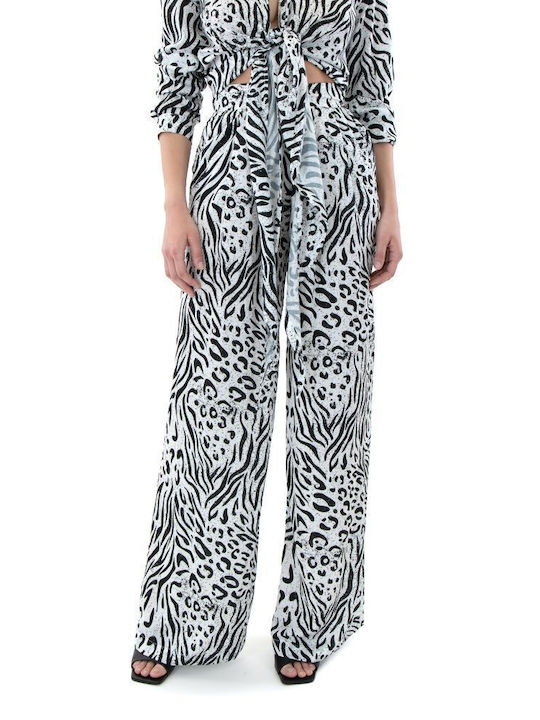 Zoya Women's High-waisted Fabric Trousers in Wide Line Leopard WHITE- BLACK