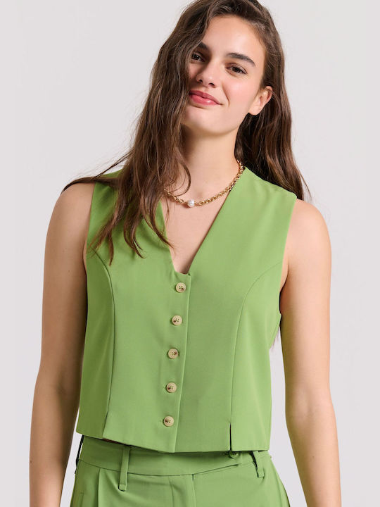 Funky Buddha Short Women's Vest with Buttons Green