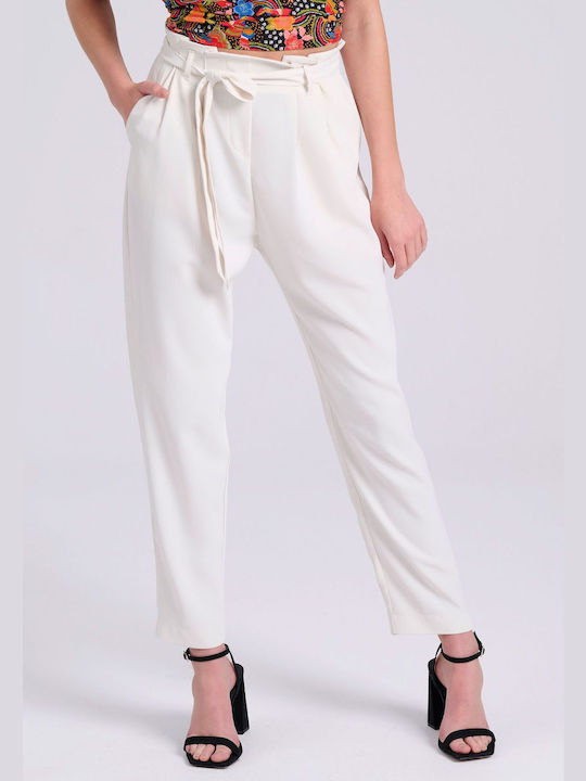 Funky Buddha Women's Fabric Trousers with Elastic in Regular Fit White