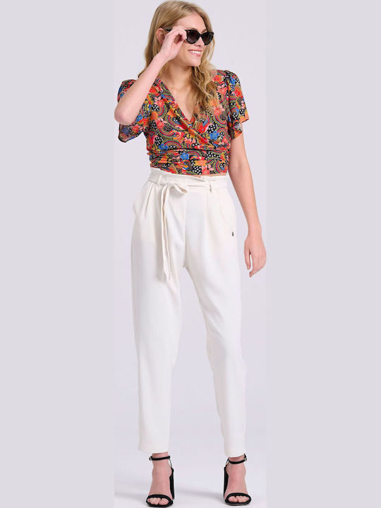 Dama Tesatura Pantaloni cu Elastic cu Croială Normală Alb