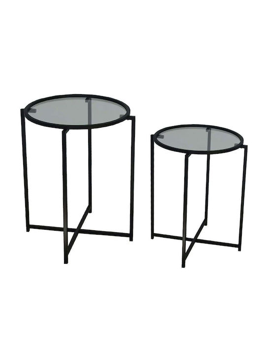 Round Side Table Glass Black 2pcs L50xW50xH60cm