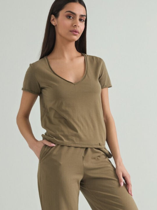 Cento Fashion Damen Bluse Baumwolle mit V-Ausschnitt Khaki