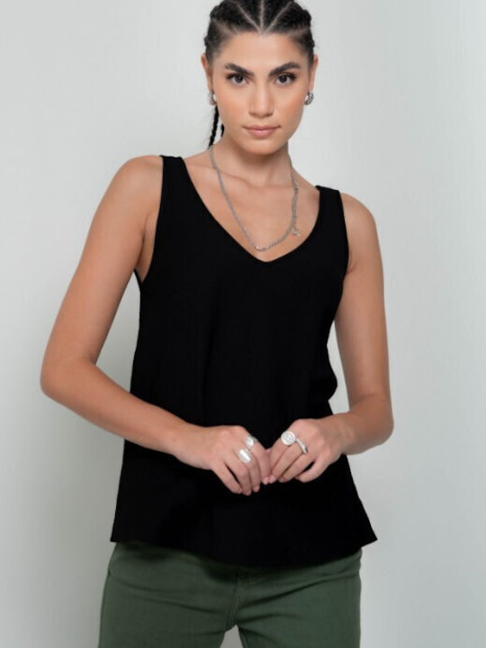 Cento Fashion Women's Blouse Sleeveless with V Neckline Black