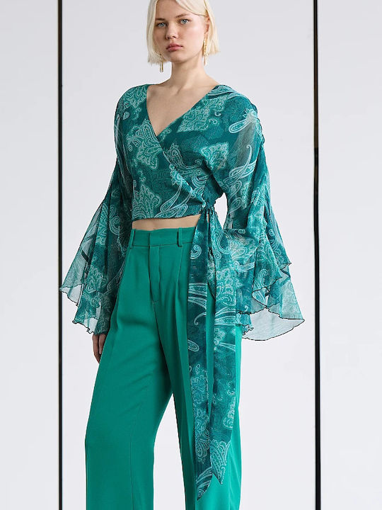 Γυναικείο Crop Top Μακρυμάνικο με V Λαιμόκοψη Πετρόλ