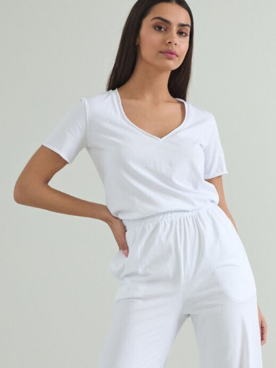 Cento Fashion Damen Bluse Baumwolle mit V-Ausschnitt Weiß