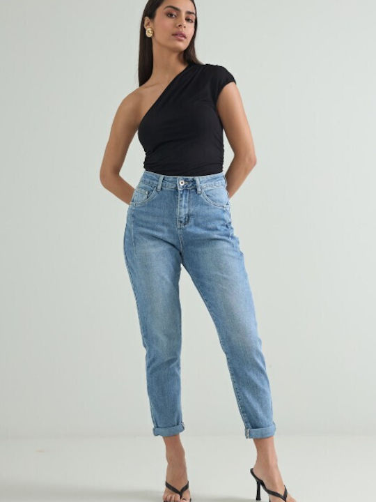 Cento Fashion Γυναικείο Ψηλόμεσο Υφασμάτινο Παντελόνι σε Slim Εφαρμογή Μπλε