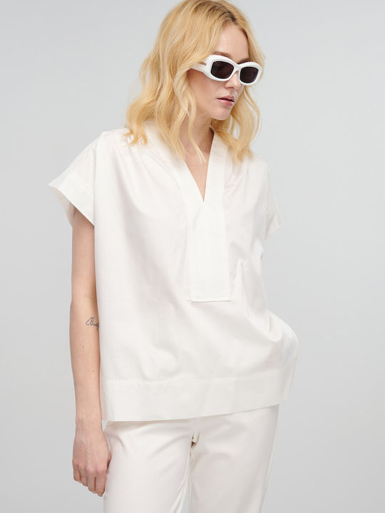 Milla Женска блуза памучна Къс ръкав с V-образно деколте Бяла