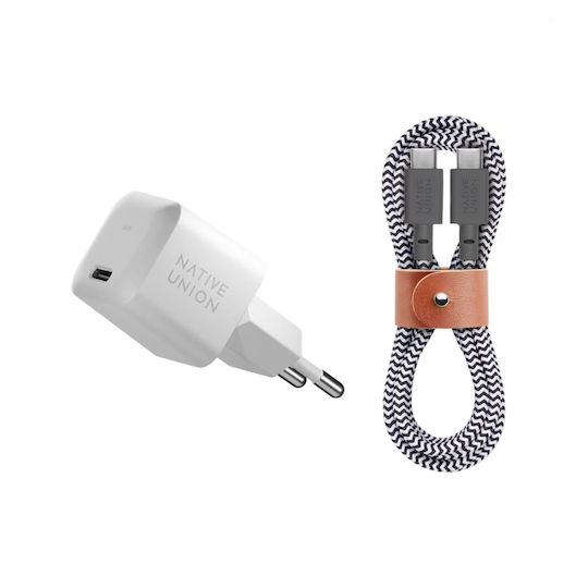 Native Union GaN с USB-C порт и кабел USB-C - USB-C 30W Power Delivery Бял (FAST30-CC-WHZEB-EU)