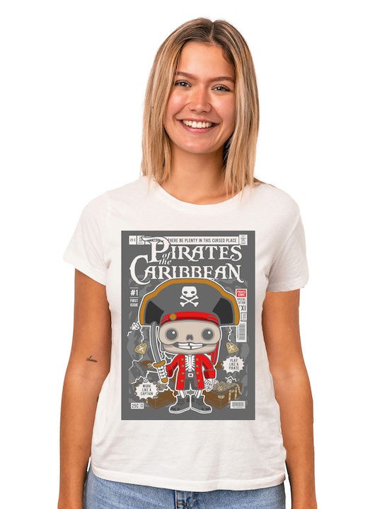 Pop Culture Jolly Roger Pirates Of Carribean Θεματική Μπλούζα με Στάμπα Λευκή