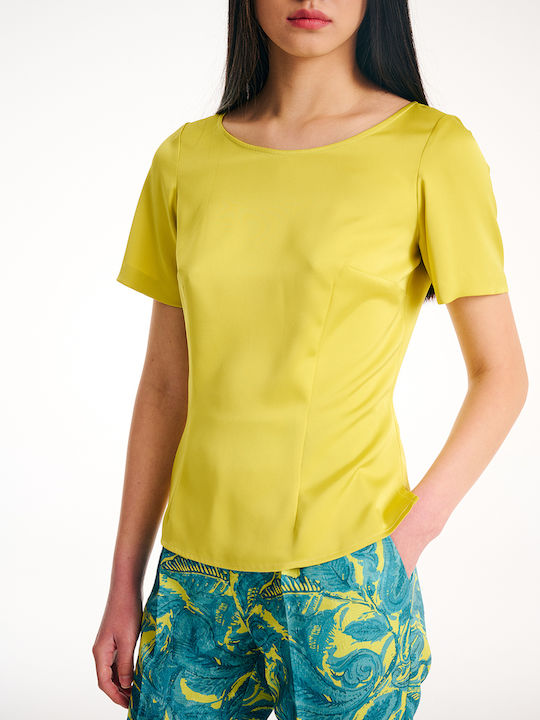 Forel Women's Blouse Satin Short Sleeve with Zipper Green