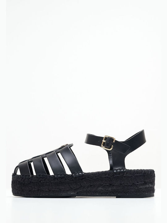 Δερμάτινα Γυναικεία Σανδάλια Flatforms Μαύρα