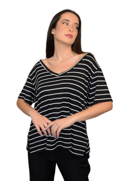 Morena Spain Women's Blouse Short Sleeve Striped Black