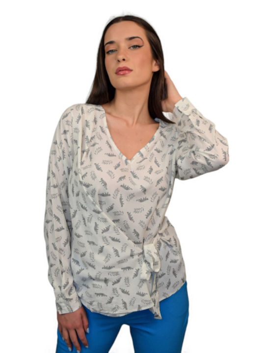 Morena Spain Women's Blouse Long Sleeve with V Neck White