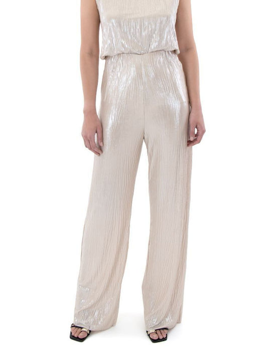 Kramma Women's High-waisted Fabric Trousers in Straight Line Beige- Gold