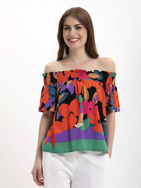 Gaudi Top de Damă Crop Bluză cu umerii goi cu Mânecă 3/4 Floral Multicolor