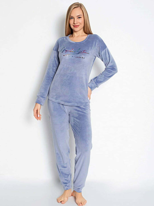 PJM De iarnă Set Pijamale pentru Femei Catifea Albastru deschis