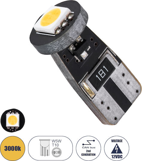 GloboStar Λάμπα Αυτοκινήτου T10 / W5W Canbus LED Θερμό Λευκό 1.5W