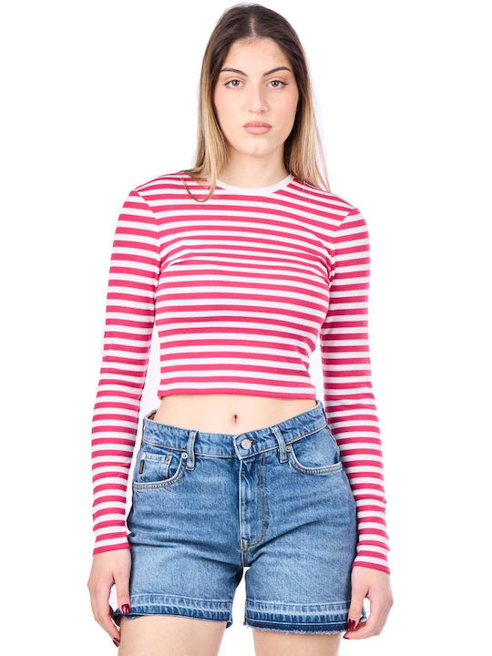 Only Damen Crop Top Langarm Gestreift Rosa