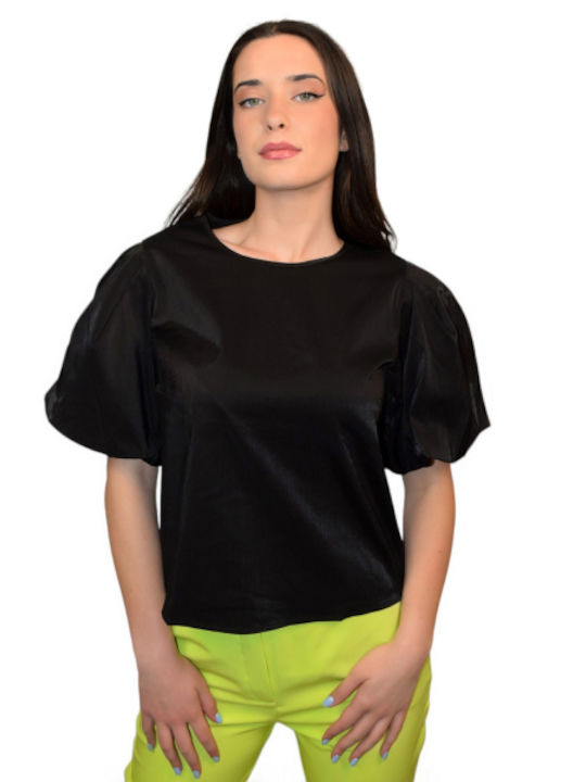 Morena Spain Women's Blouse Satin Short Sleeve with Zipper Black