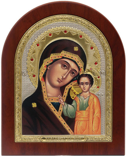 Virgin Mary Kazanskaya, oval, open face and mantle, stones 14,5 X 17,6, on wooden base.