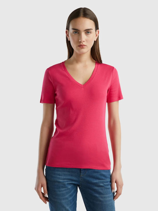 Benetton Γυναικείο T-shirt με V Λαιμόκοψη Φούξια