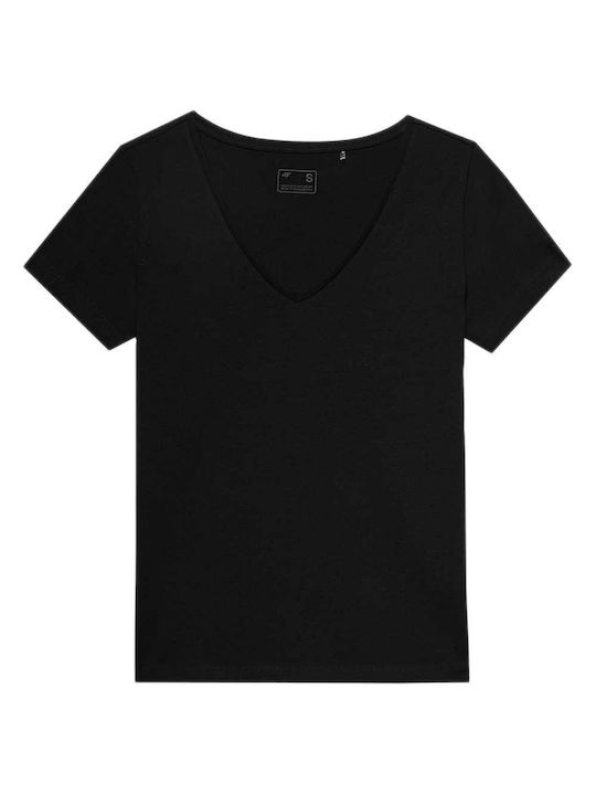 4F Γυναικεία Μπλούζα Βαμβακερή Κοντομάνικη με V Λαιμόκοψη Μαύρη
