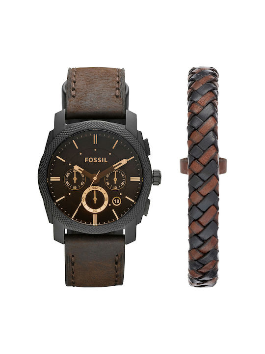 Fossil Machine Herrenuhr 22mm Chronograph Batterie mit Schwarz Lederarmband