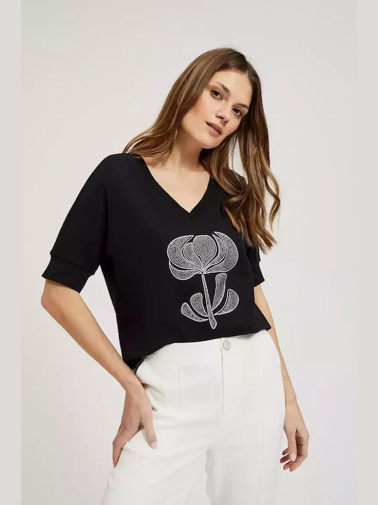 Make your image Women's Blouse Cotton Short Sleeve with V Neckline Floral Black