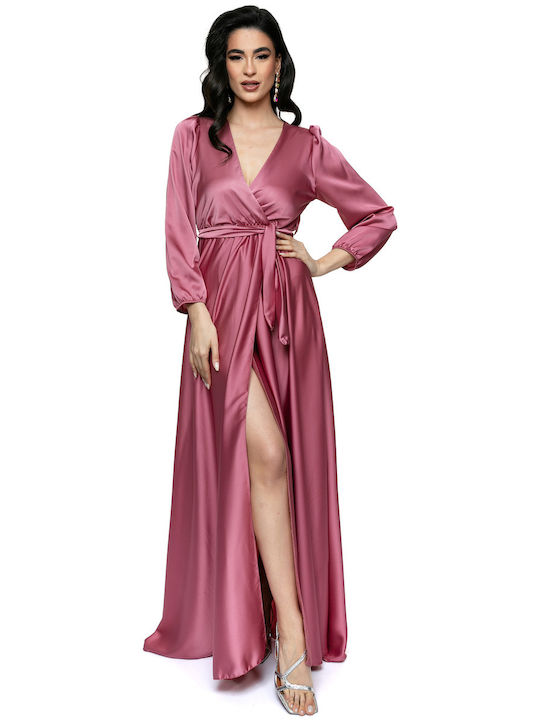 RichgirlBoudoir Maxi Φόρεμα Σατέν Κρουαζέ με Βολάν Ροζ