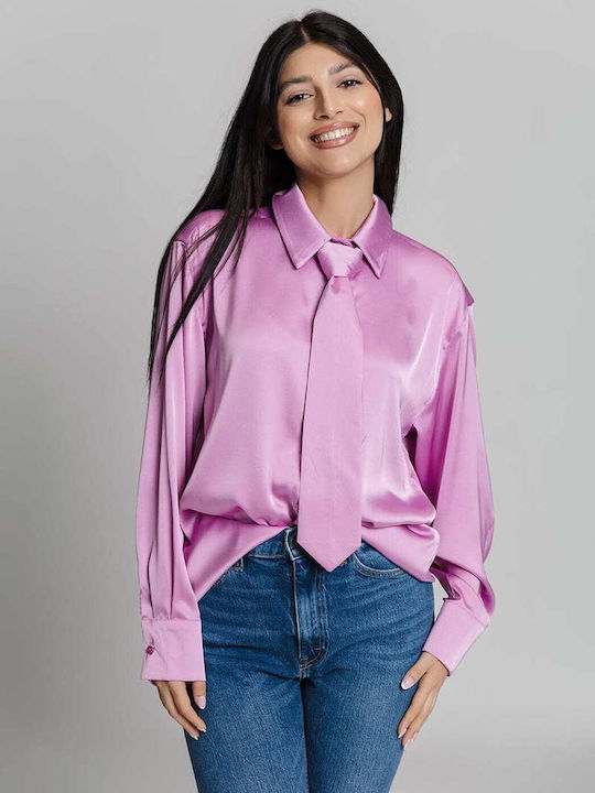 Lumina Women's Satin Long Sleeve Shirt Pink