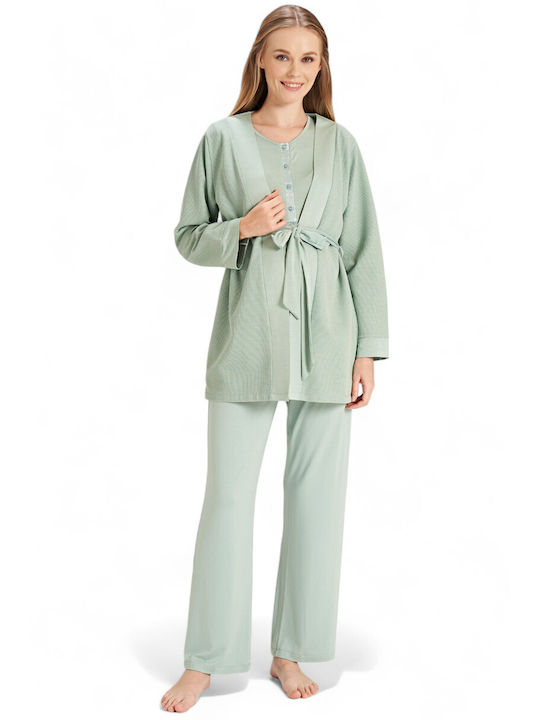 Feyza Long Robe with Pajama Relaxed Fit for Maternity Hospital & Breastfeeding Green FZA5076