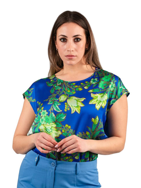 Forel Damen Bluse Satin Kurzärmelig Blumen Blue