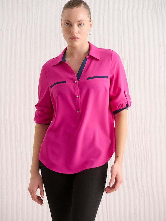 Blouse Fibes Fashion Collar Buttons Fuchsia