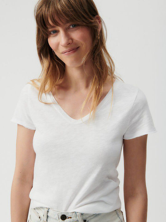 American Vintage Damen T-Shirt mit V-Ausschnitt Weiß