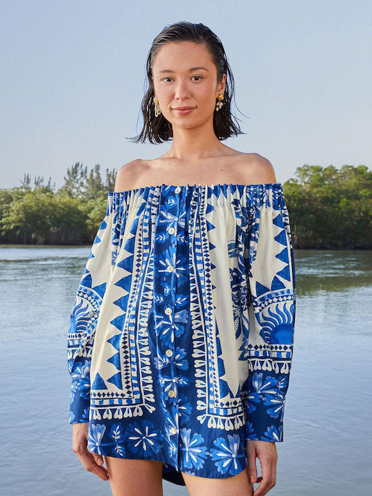 Farm Rio Women's Blouse Off-Shoulder Long Sleeve Floral Blue