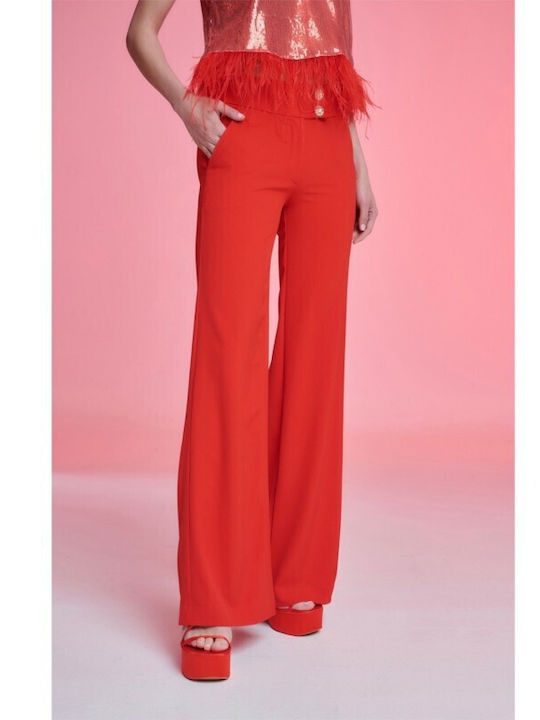 High Waist Pants Rhinestone Buttoned Trousers Color Red