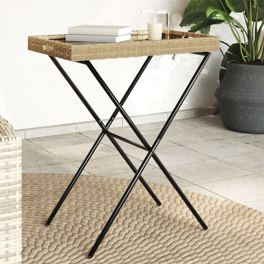 Auxiliary Outdoor Foldable Table with Rattan Surface and Metal Frame Natural 65x40x75cm