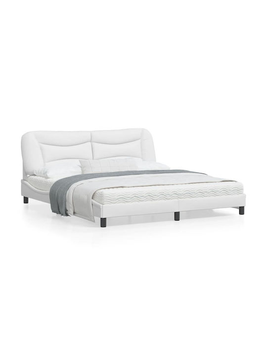 Κρεβάτι King Size Επενδυμένο με Δερματίνη Λευκό με Τάβλες για Στρώμα 180x200cm