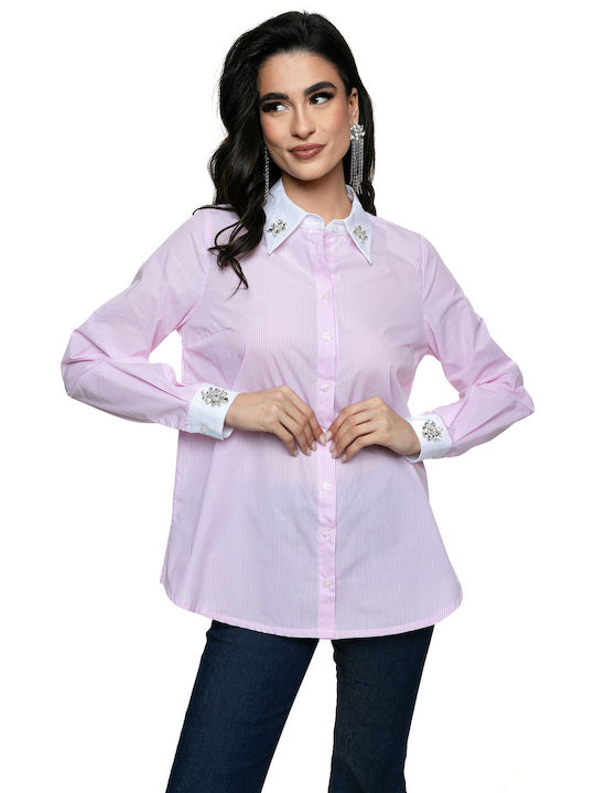 RichgirlBoudoir Women's Silky Striped Long Sleeve Shirt Pink