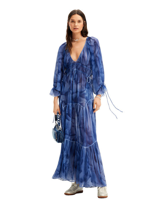 Desigual Maxi Dress with Ruffle Blue