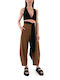 Moutaki Women's High-waisted Linen Trousers with Elastic in Balloon Line coffee