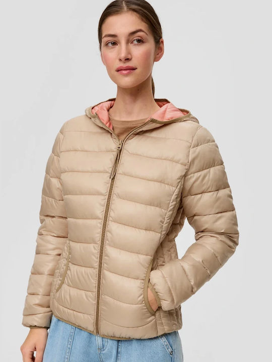 S.Oliver Women's Short Puffer Jacket for Winter with Hood Beige