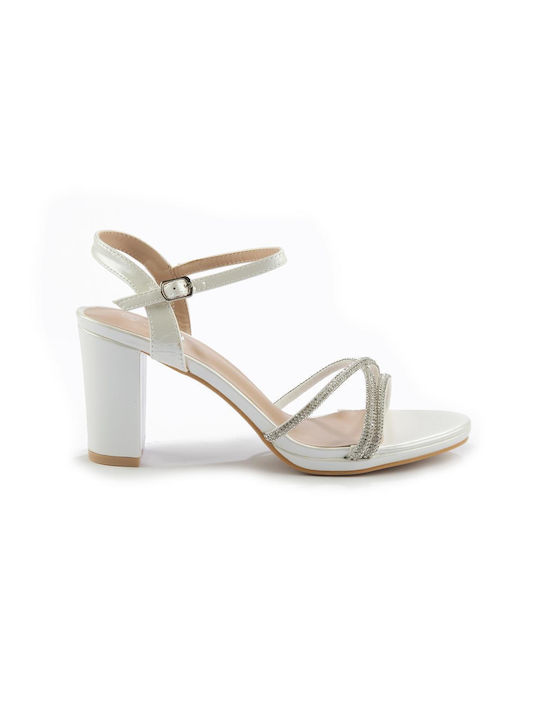 Fshoes Platform Synthetic Leather Women's Sandals with Strass & Ankle Strap White with Chunky High Heel