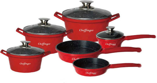 Cheffinger Cheffinger Cookware Set Made of Aluminum Red with Stone Interior Coating 6 Pieces