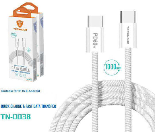 Technovo USB 2.0 Cable USB-C male - USB-C 66W PD Λευκό 1m TN-D038