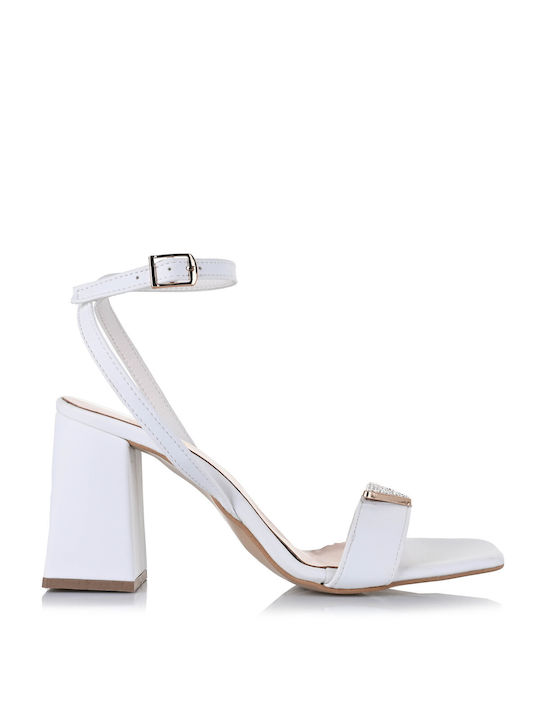 Mariella Fabiani Leather Women's Sandals with Strass & Ankle Strap White