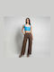 Damen Hoch tailliert Leinen Hose mit Gummizug in Geradem Schnitt Brown