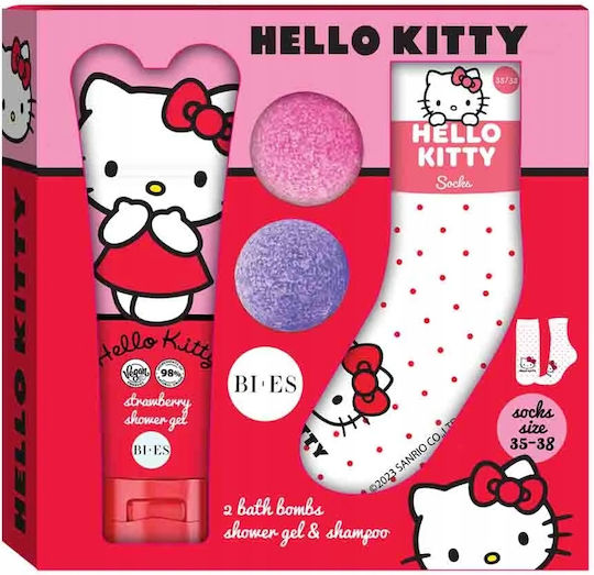 Bi Es Gift Set "Hello Kitty" Shower Gel & Shampoo 250ml 2x Bath Bombs 55g & Socks 35-38